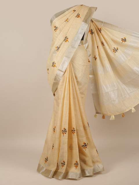 

Pothys Cream-Coloured & Yellow Floral Embroidered Linen Blend Saree