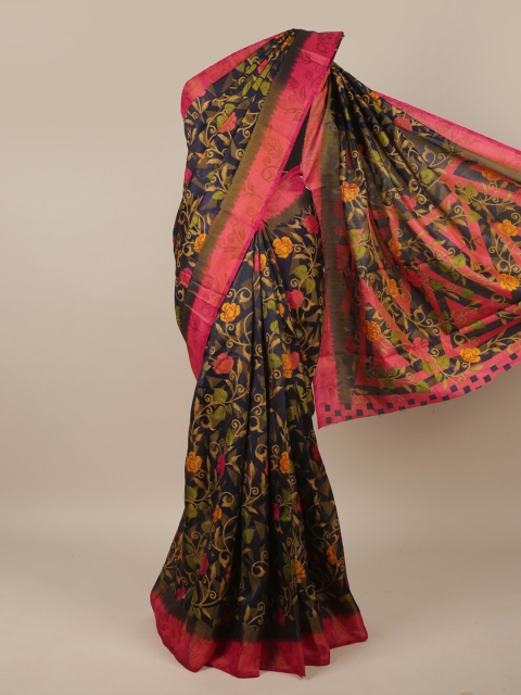

Pothys Blue & Magenta Floral Printed Cotton Blend Saree, Navy blue