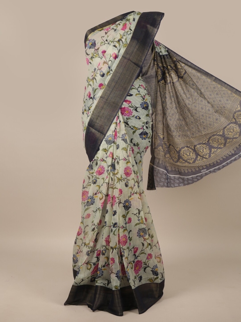 

Pothys Off White & Navy Blue Floral Cotton Blend Saree