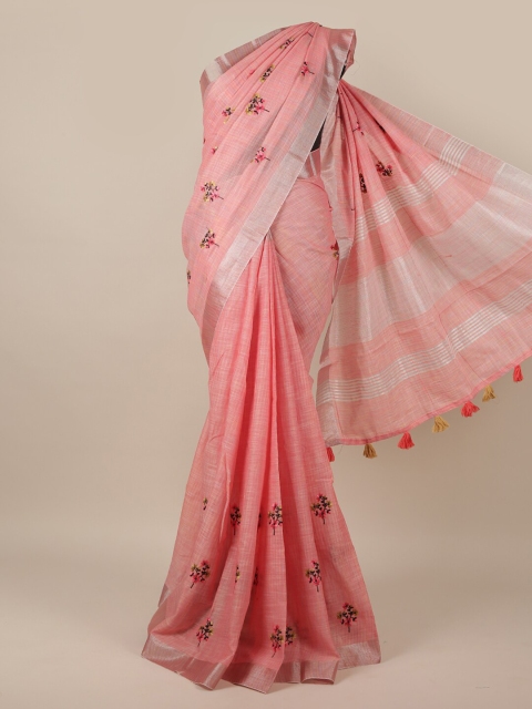 

Pothys Pink & Silver-Coloured Ethnic Motifs Embroidered Linen Blend Saree