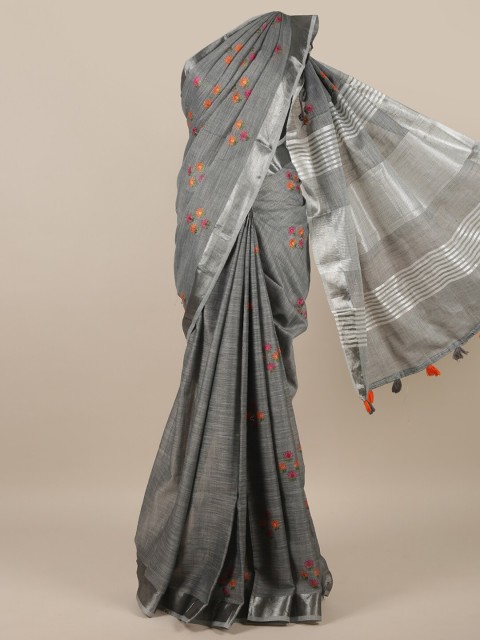 

Pothys Grey & Green Floral Linen Blend Saree