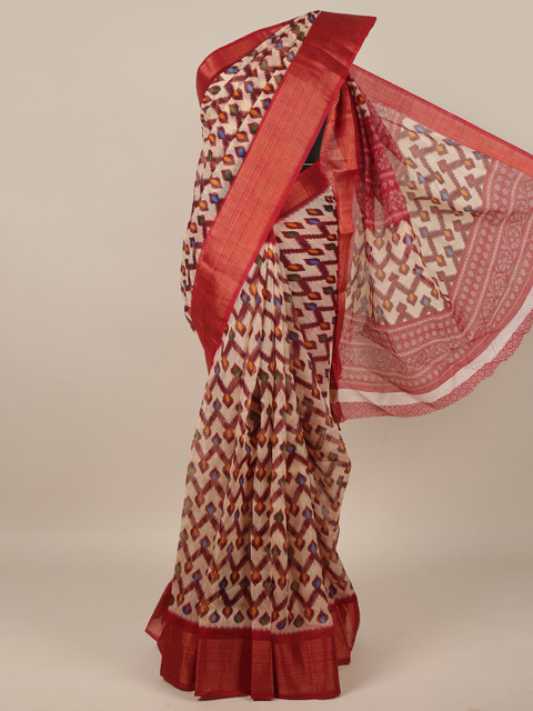 

Pothys Cream-Coloured & Brown Printed Saree