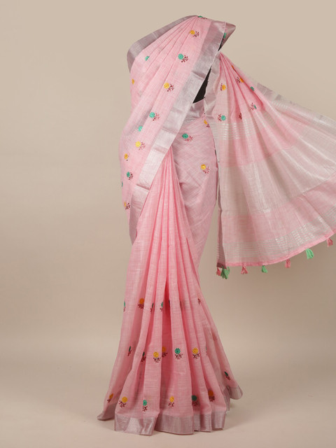 

Pothys Pink & Yellow Floral Zari Linen Blend Saree