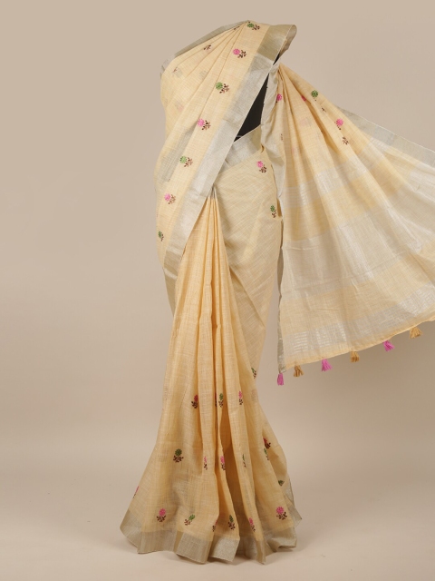 

Pothys Cream-Coloured & Pink Floral Linen Blend Saree