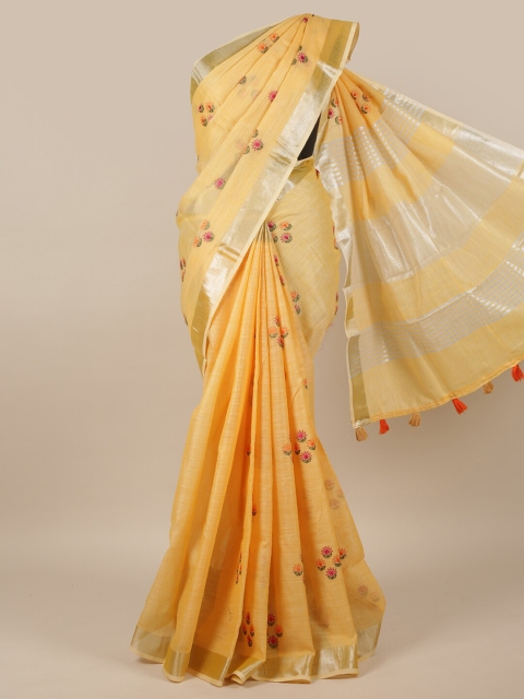 

Pothys Peach-Coloured & Pink Floral Linen Blend Saree