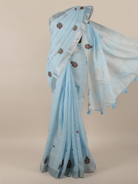 

Pothys Blue & Red Floral Embroidered Linen Blend Saree