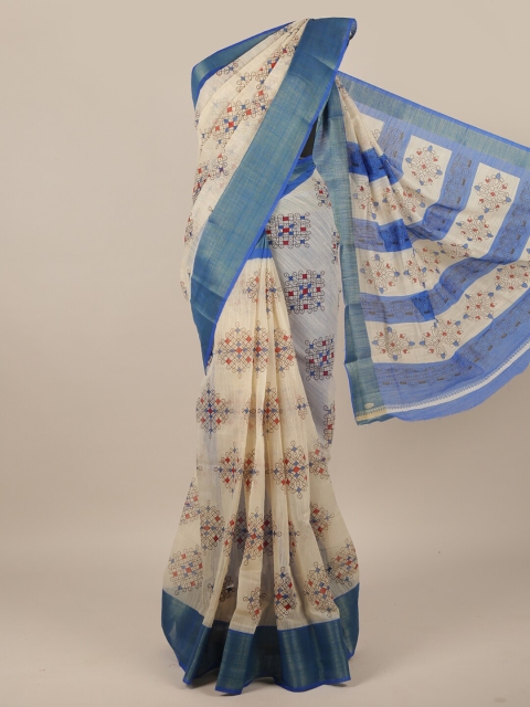 

Pothys Cream-Coloured & Blue Ethnic Motifs Saree