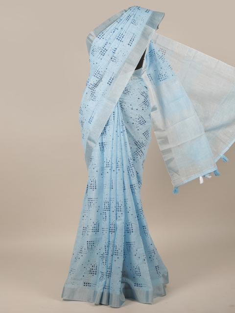

Pothys Blue & Silver-Toned Printed Linen Blend Saree