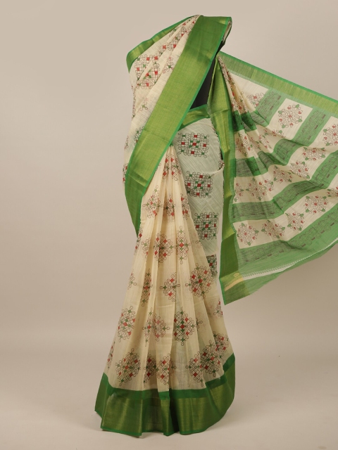 

Pothys Cream-Coloured & Green Ethnic Motifs Printed Saree