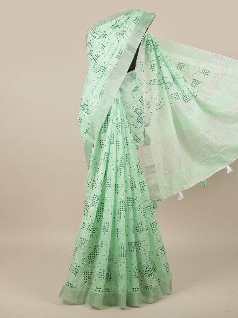 

Pothys Green Linen Blend Geometric Printed Saree