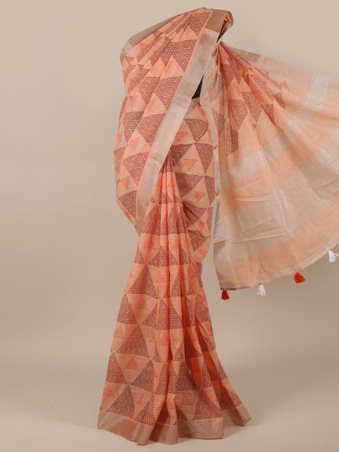 

Pothys Peach-Coloured & Brown Linen Blend Saree