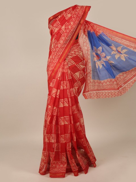 

Pothys Red & Blue Batik Cotton Blend Saree