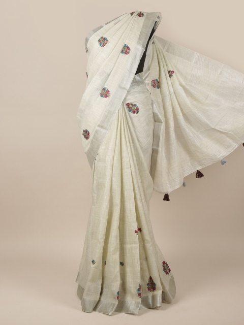 

Pothys Cream-Coloured & Blue Floral Linen Blend Saree