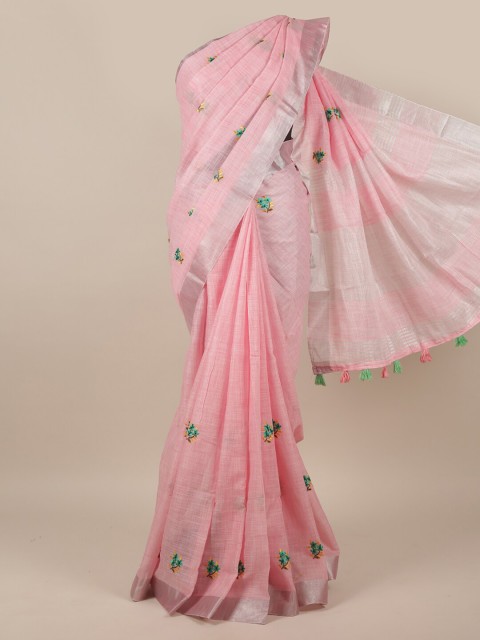 

Pothys Pink & Green Floral Embroidered Linen Blend Saree