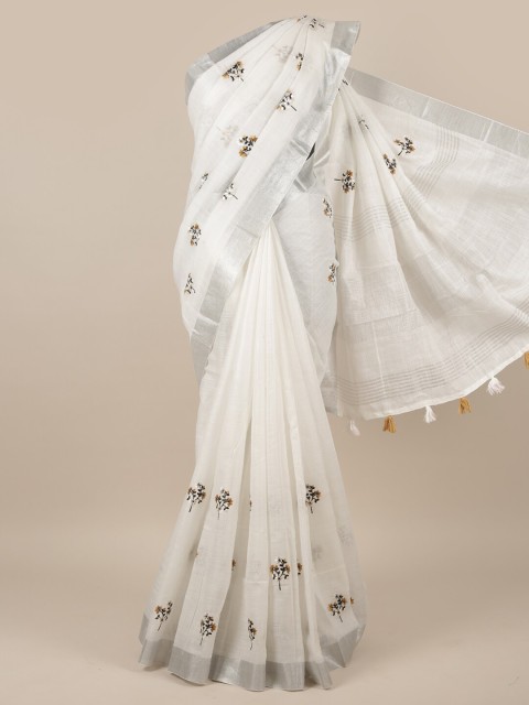 

Pothys White & Silver-Coloured Ethnic Motifs Embroidered Linen Blend Saree
