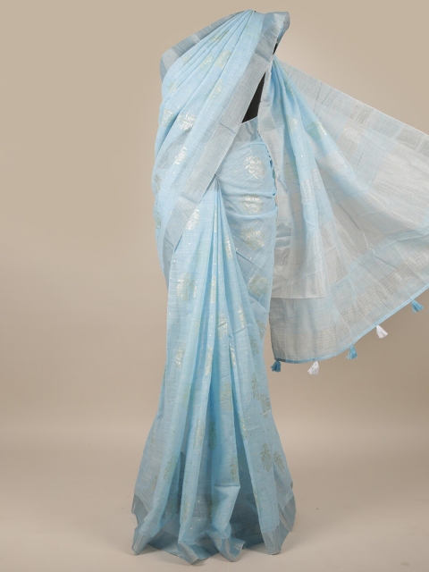 

Pothys Blue & Silver-Toned Floral Zari Linen Blend Saree