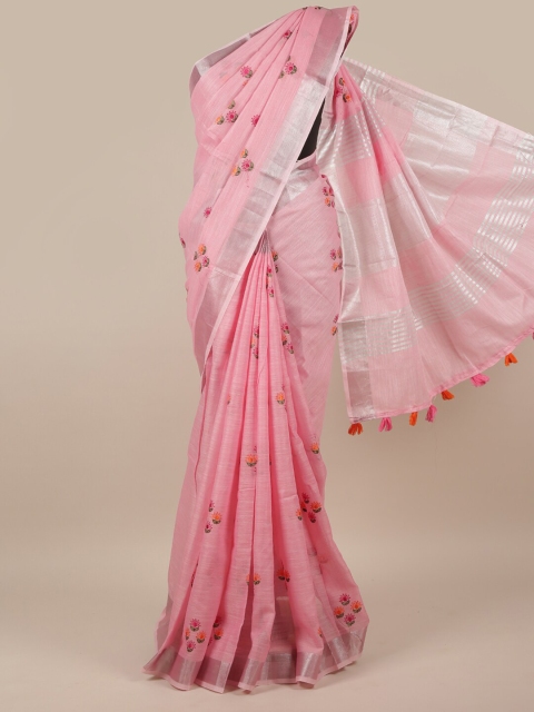 

Pothys Pink & Green Floral Linen Blend Saree