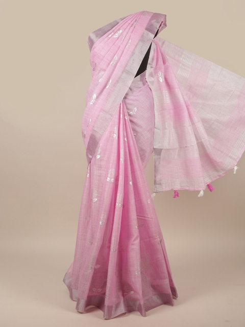 

Pothys Pink & Silver-Toned Floral Linen Blend Saree