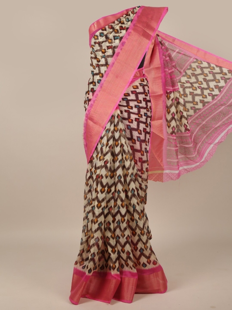 

Pothys Cream-Coloured & Brown Printed Zari Saree