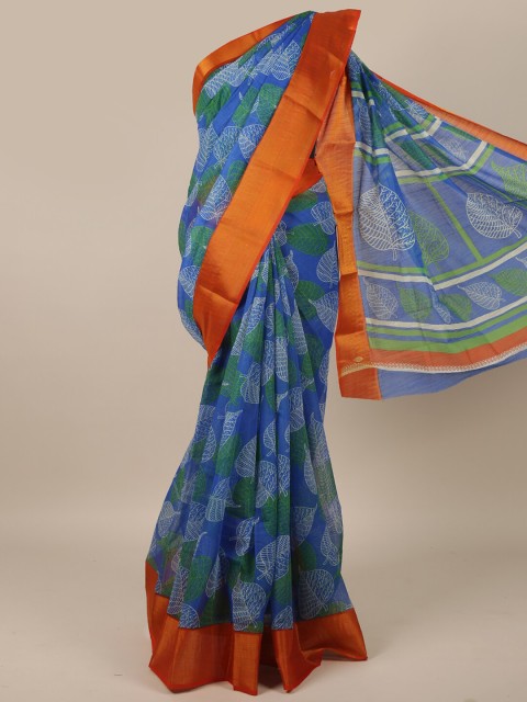 

Pothys Blue & Gold-Toned Floral Printed Zari Border Saree