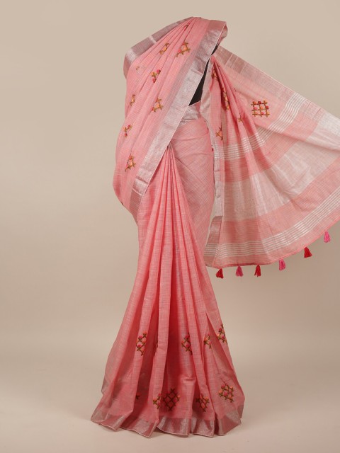 

Pothys Pink & Green Floral Linen Blend Saree