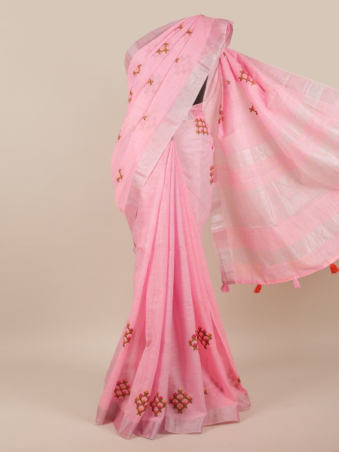 

Pothys Pink Floral Printed Zari Linen Blend Saree