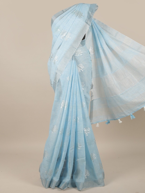 

Pothys Blue & Silver-Toned Floral Printed Linen Blend Saree