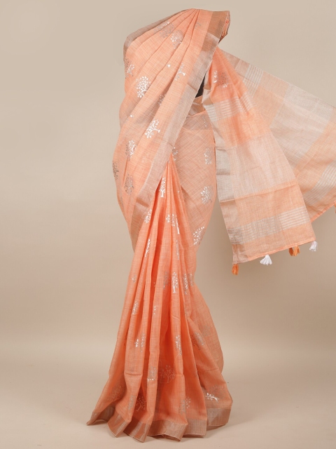 

Pothys Orange & Silver-Toned Floral Zari Linen Blend Saree