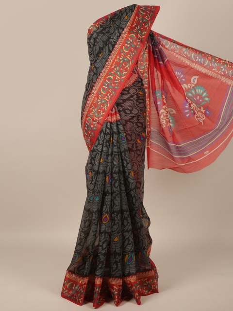 

Pothys Black & Red Floral Printed Zari Saree