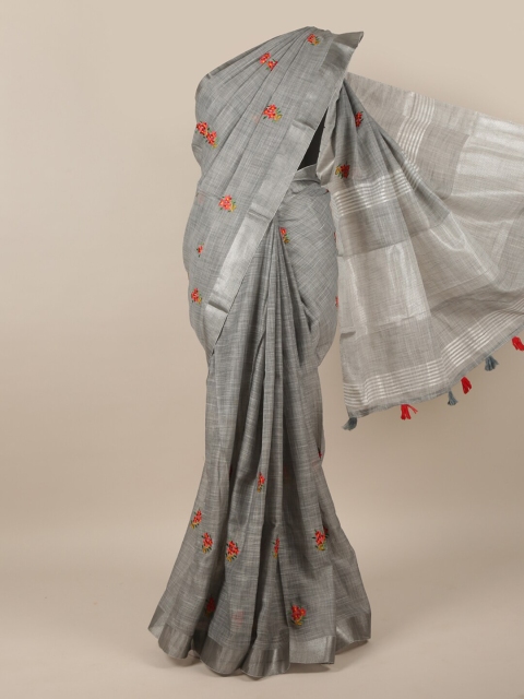 

Pothys Grey & Orange Floral Embroidered Zari Linen Blend Saree