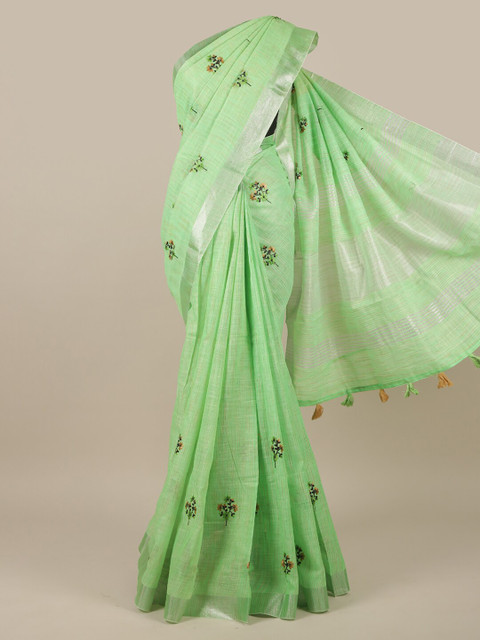 

Pothys Green Linen Blend Floral Embroidered Saree
