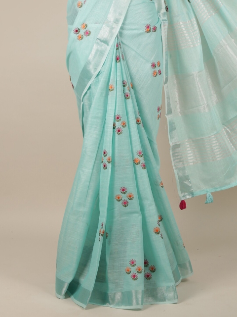 

Pothys Turquoise Blue & Pink Floral Linen Blend Saree