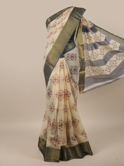 

Pothys Cream-Coloured & Green Linen Blend Saree