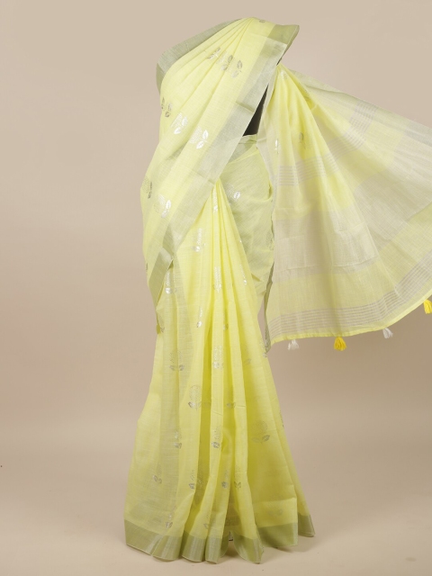 

Pothys Yellow & Silver-Toned Floral Zari Linen Blend Saree