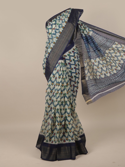 

Pothys Cream-Coloured & Navy Blue Printed Zari Border Saree