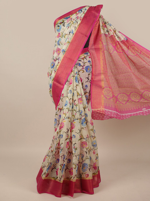 

Pothys Cream-Coloured & Pink Floral Printed Zari Saree