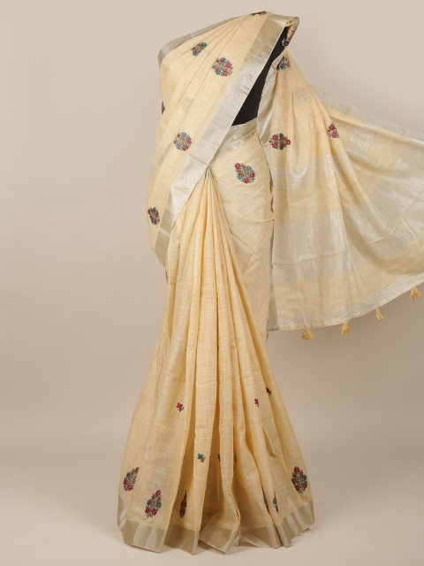 

Pothys Cream-Coloured & Blue Floral Linen Blend Saree