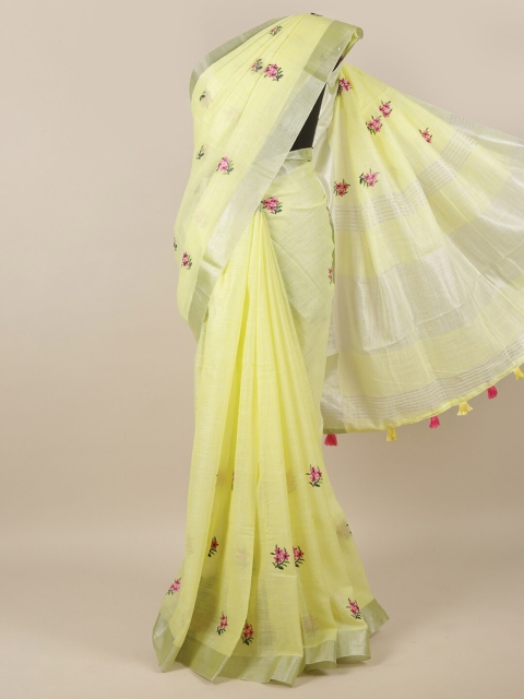 

Pothys Yellow & Pink Floral Linen Blend Saree