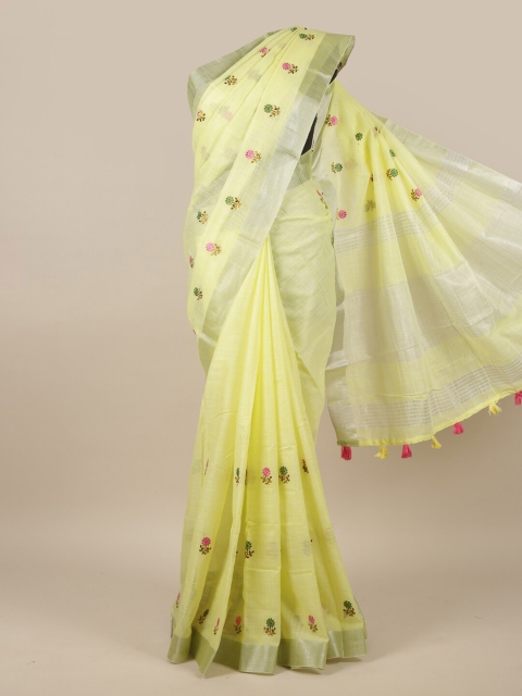 

Pothys Lime Green & Pink Floral Embroidered Zari Linen Blend Saree