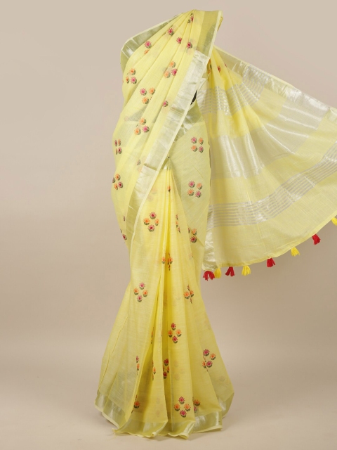 

Pothys Yellow & Pink Floral Linen Blend Saree