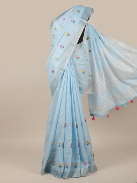 

Pothys Blue & Pink Floral Embroidered Linen Blend Saree
