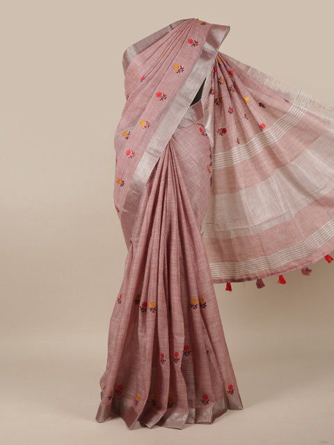 

Pothys Mauve & Silver-Coloured Ethnic Motifs Embroidered Linen Blend Saree
