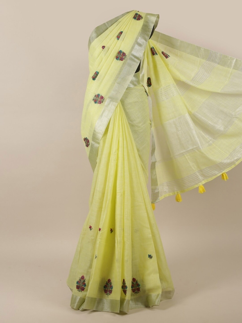 

Pothys Yellow Linen Blend Ethnic Motifs Embroidered Saree