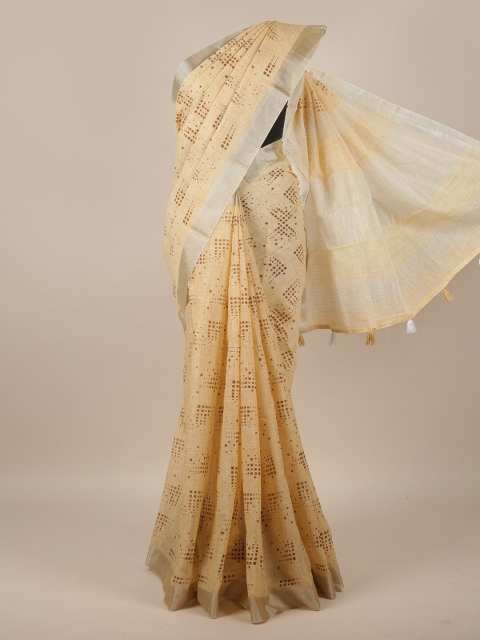 

Pothys Cream-Coloured & Brown Printed Linen Blend Saree