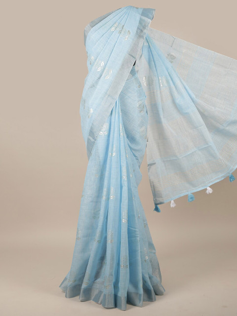 

Pothys Blue & Silver-Toned Floral Linen Blend Saree