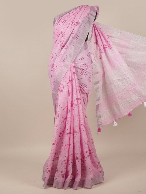 

Pothys Pink & Silver-Toned Printed Linen Blend Saree