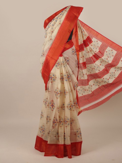 

Pothys Cream-Coloured & Red Printed Zari Border Saree