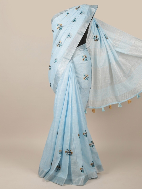 

Pothys Blue & Yellow Floral Embroidered Linen Blend Saree