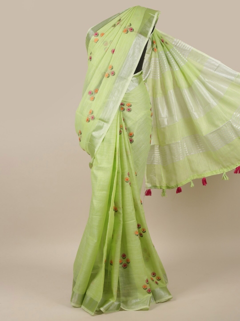 

Pothys Green & Silver-Toned Floral Embroidered Zari Linen Blend Saree