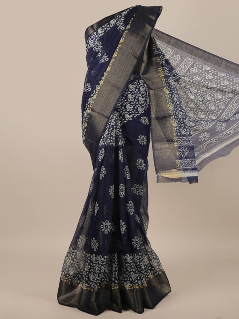 

Pothys Navy Blue & White Floral Zari Saree